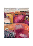 Abstract landscape with wind turbines in pinks and reds