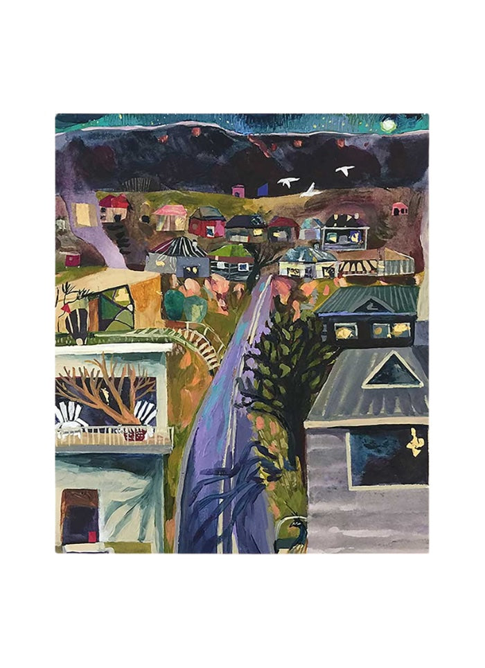 Art work by Anthea Stead of a main street surrounded by houses and hills in the background.
