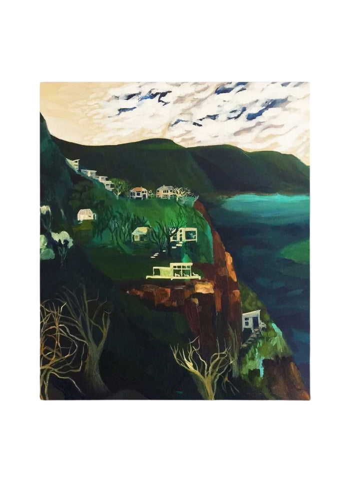 A stylized landscape painting of a coastal hillside with houses, dark green hills, blue water, and a cloudy sky, shown against a white background.