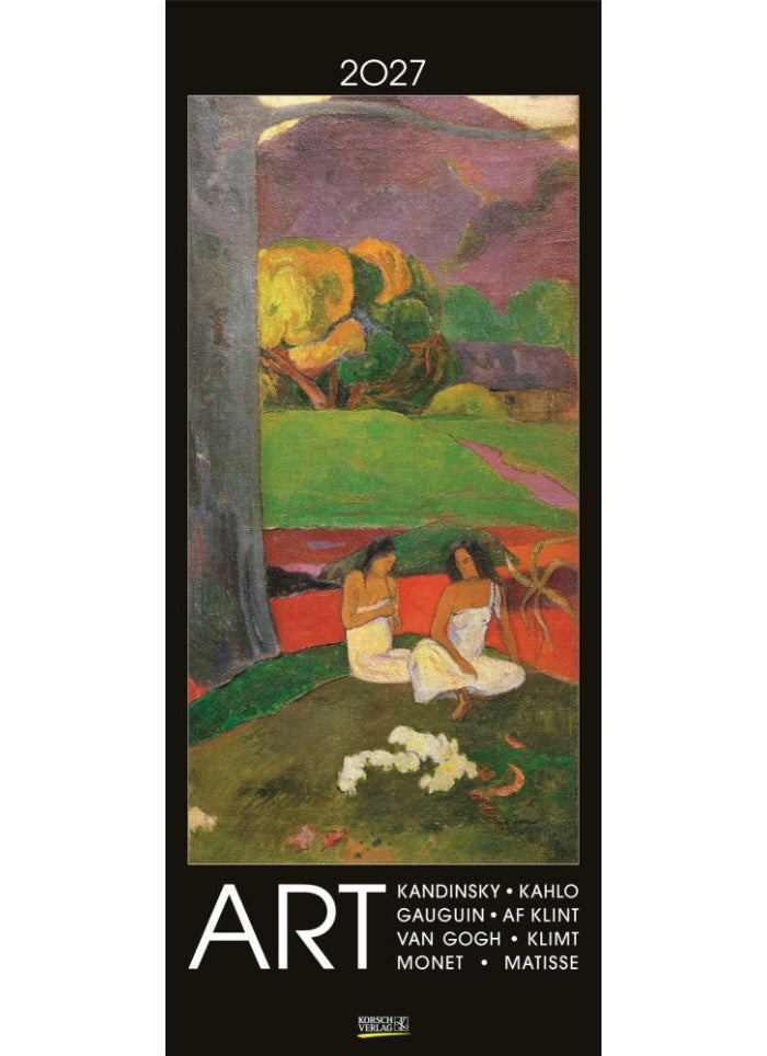Art-themed calendar cover with two figures under a tree, featuring famous artists' names.