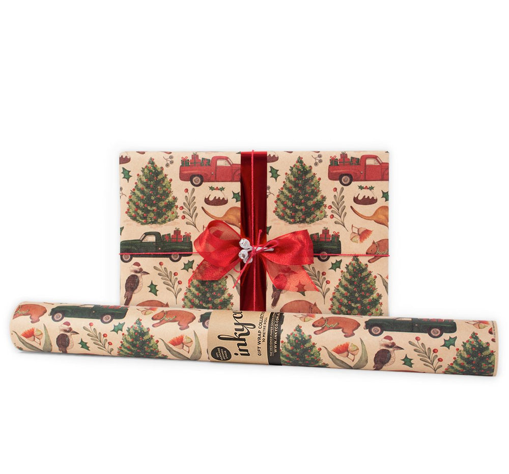 Aussie Xmas Kraft wrapping paper in 5m roll.