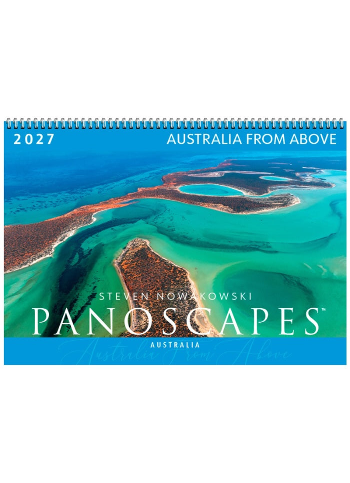 Front page of Panoscapes calendar with an arial photo of a waterway in blues and greens.