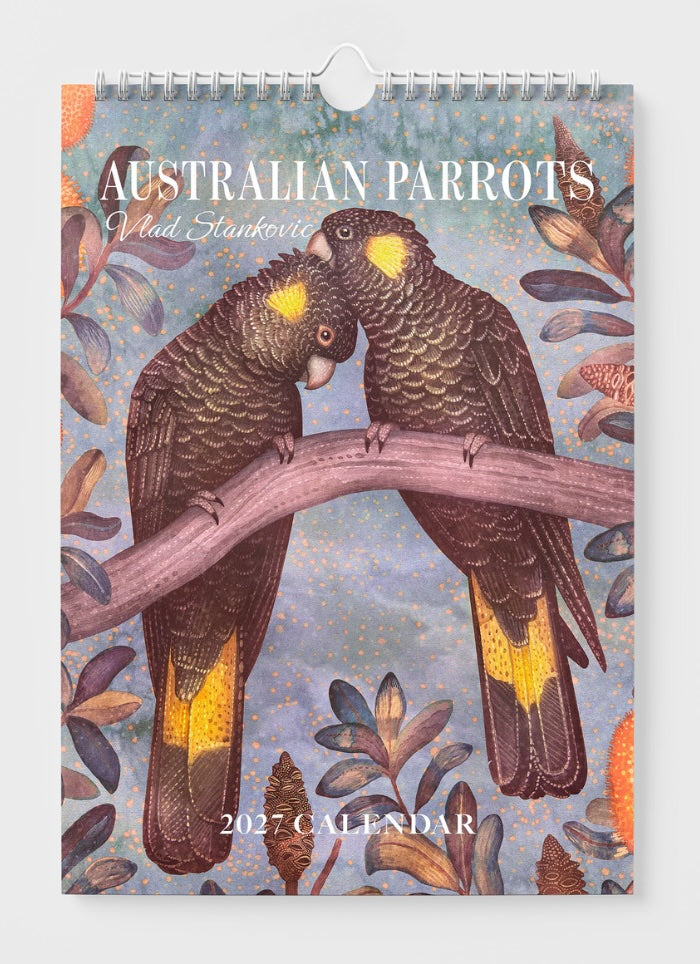 Calendar cover featuring two parrots on a branch with floral elements and 'Australian Parrots' text.