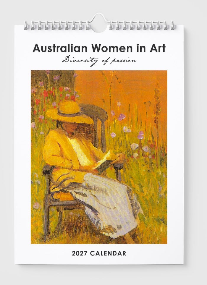 Calendar cover featuring an Australian woman in art with a title and year on a white background