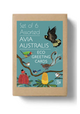 Brown box with a green label with birds and native flowers. Pip and Pod Avia Australis Box Set.