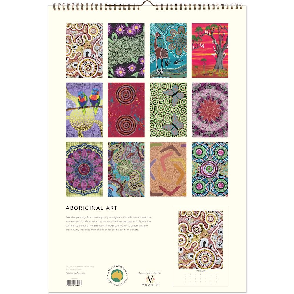 Calendar cover with colorful Aboriginal art designs on a white background