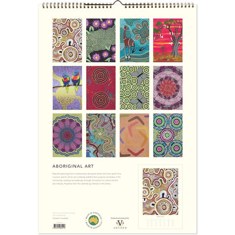 Calendar cover with colorful Aboriginal art designs on a white background