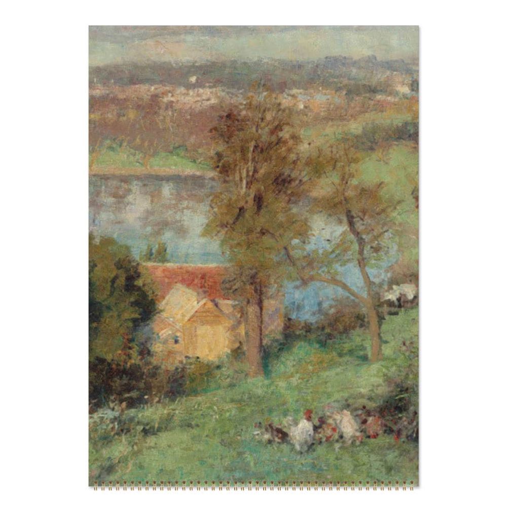 Painting of a rural landscape with trees, houses, and people.