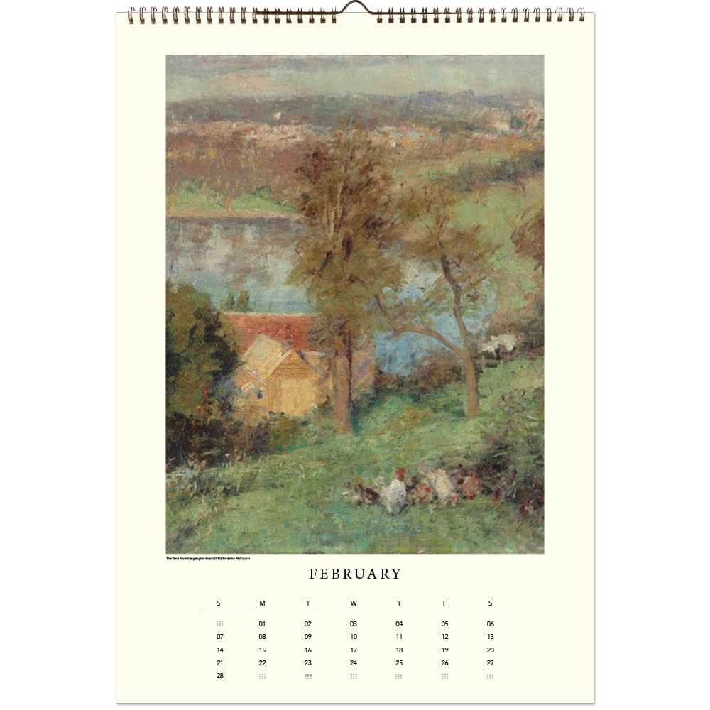 Calendar with a painting of a landscape featuring a house and trees, displayed on a white background.