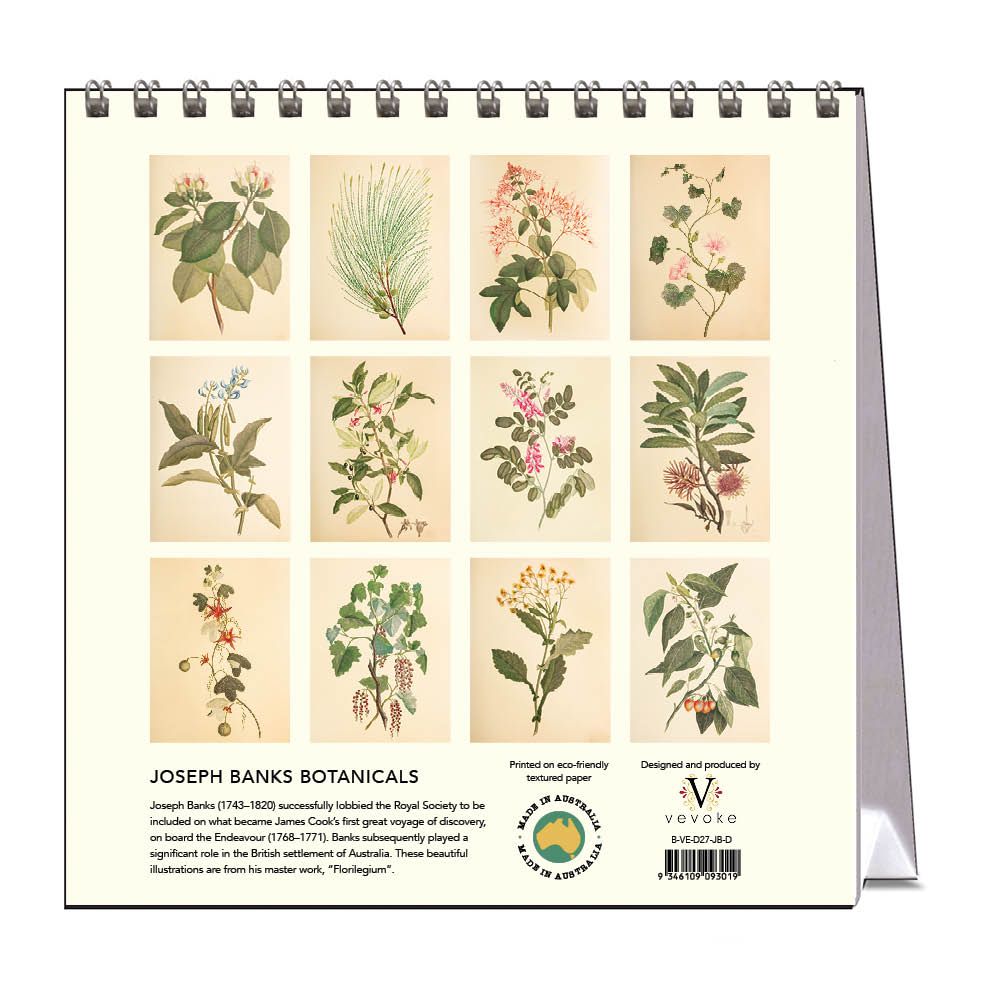 Desk calendar with botanical illustrations on a white background