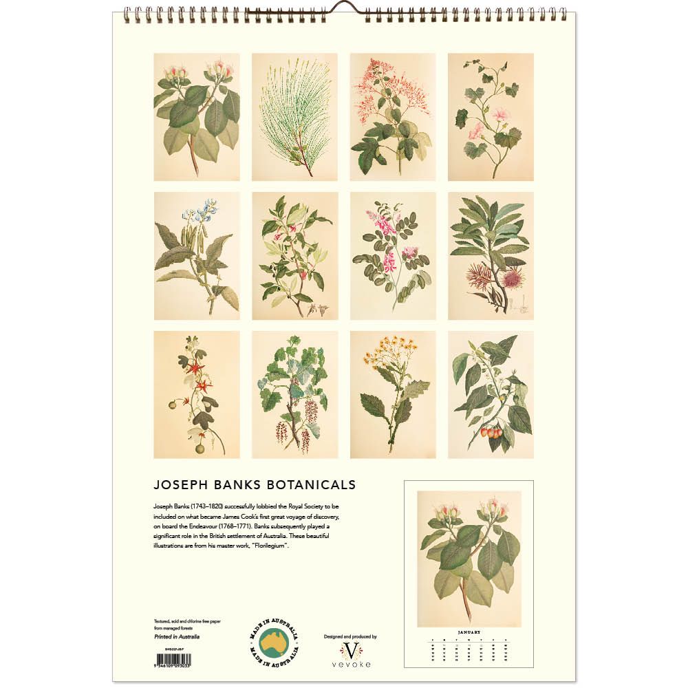 Calendar with illustrations of various plants on a beige background