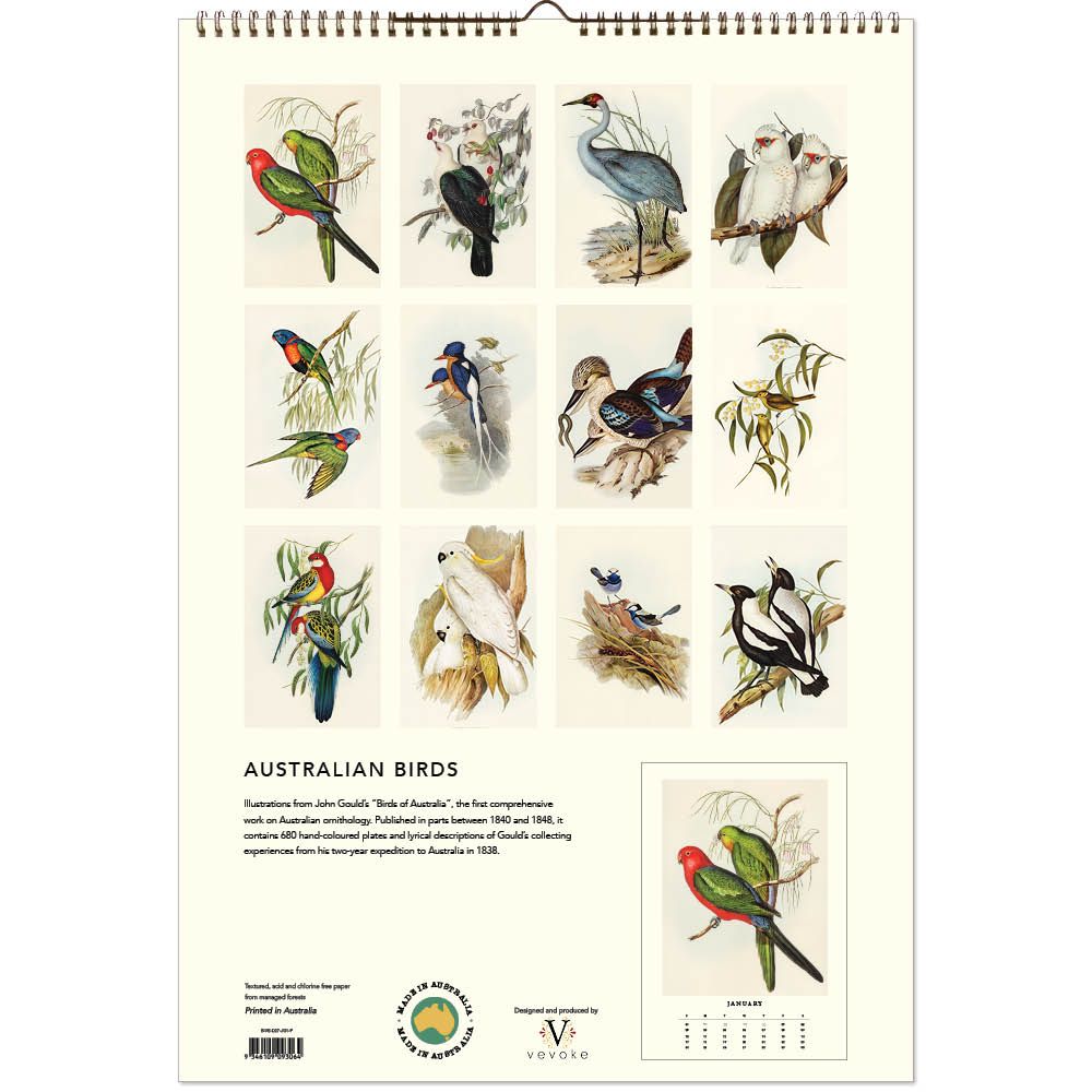 Back cover of calendar with each months illustration of birds