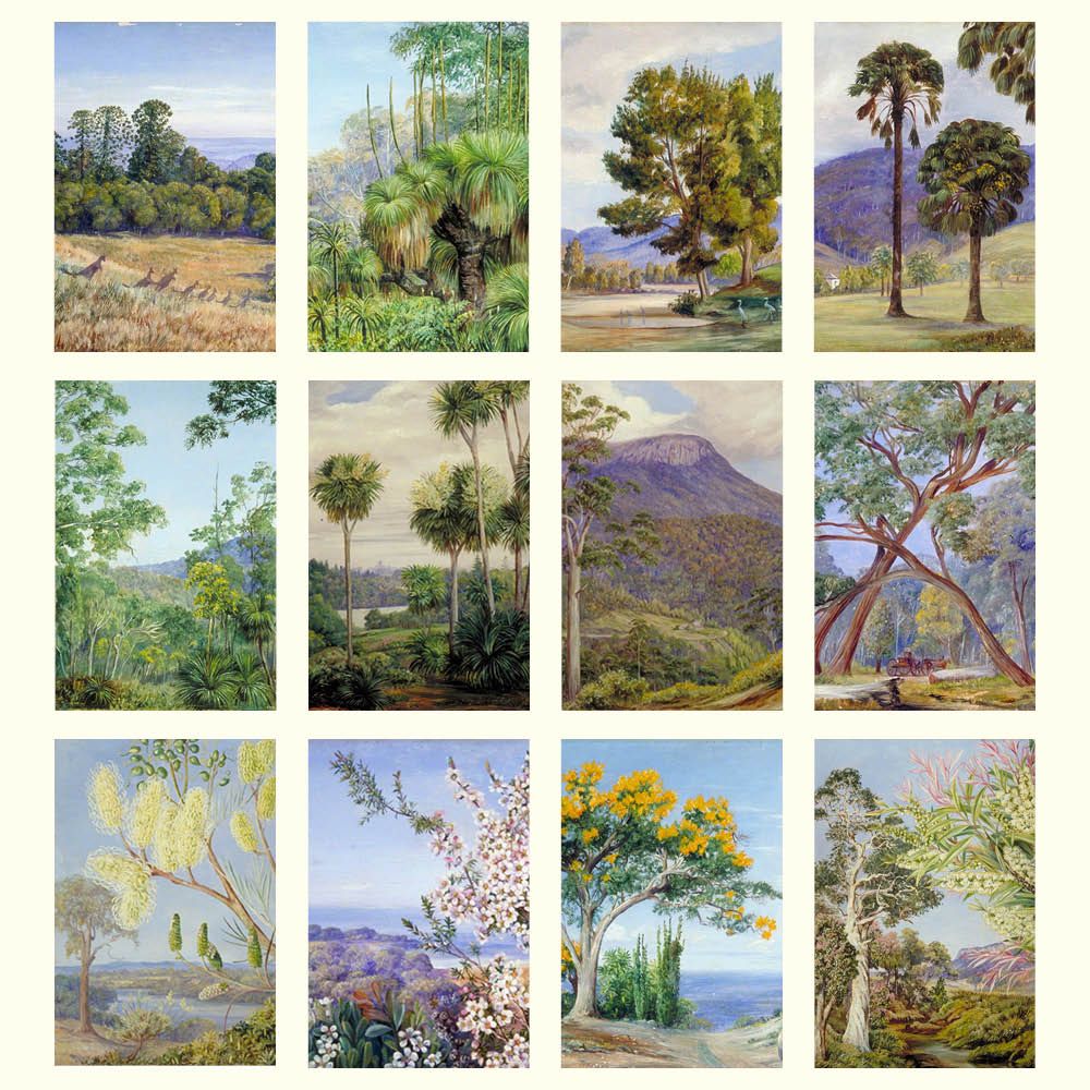 Collection of landscape paintings featuring trees and natural scenery.