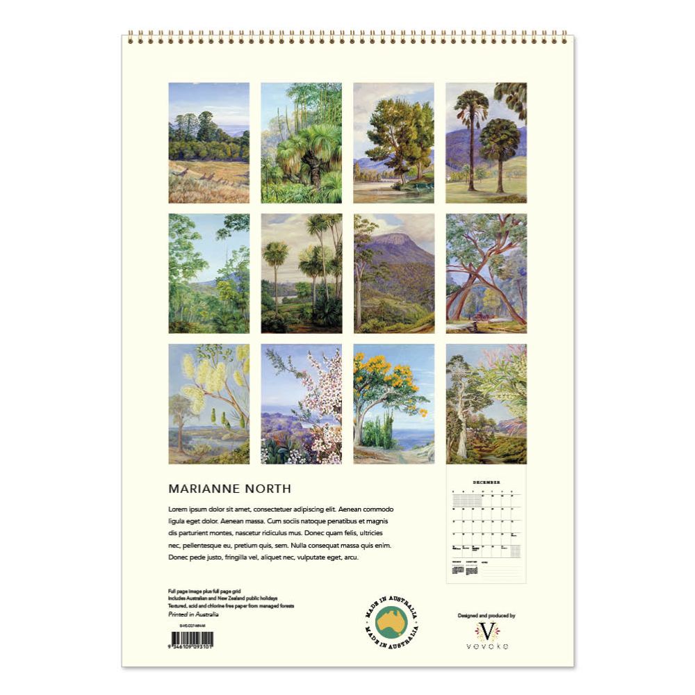 Calendar with illustrations of trees and landscapes by Marianne North, featuring a beige border.