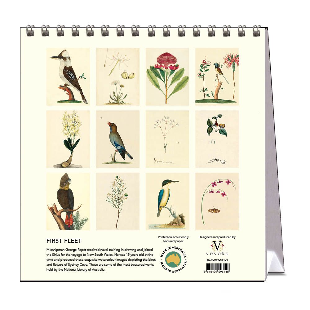 Calendar with illustrations of birds and plants on a white background