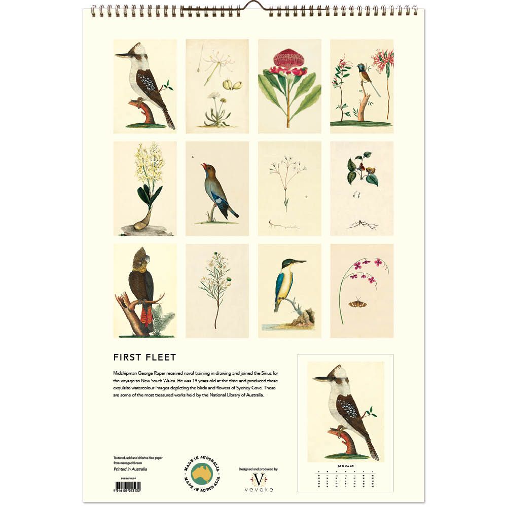 Calendar with illustrations of birds and plants on a white background