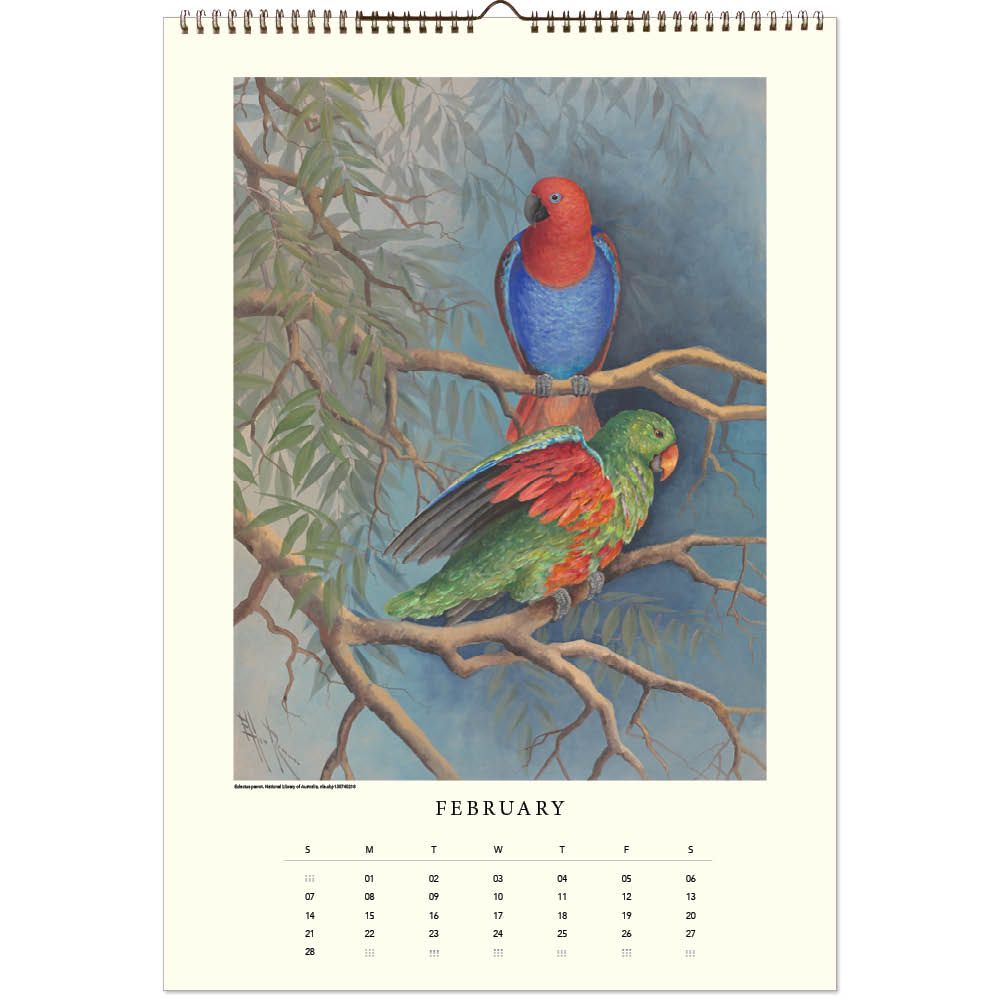 Calendar month with a painting of 2 parrots on a branch