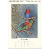 Calendar month with a painting of 2 parrots on a branch