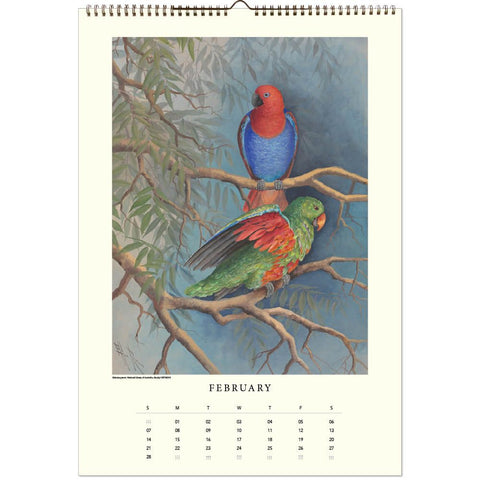Calendar month with a painting of 2 parrots on a branch