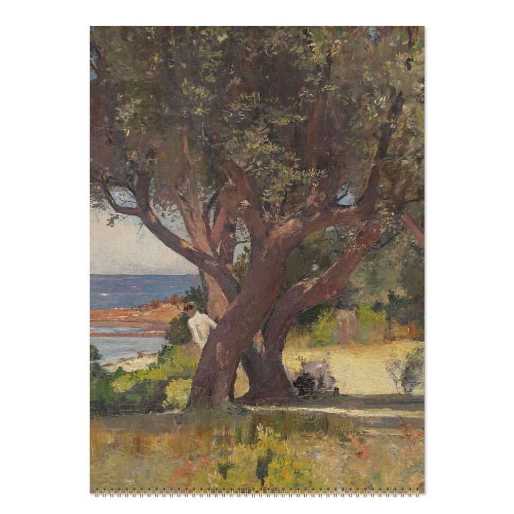 Painting of a large tree with a body of water in the background