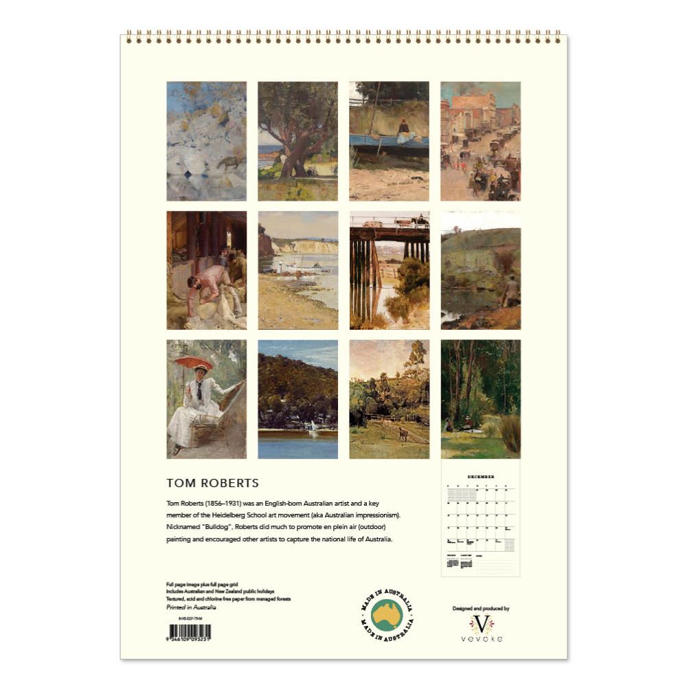 Calendar with illustrations of landscapes and people, featuring the artist Tom Roberts.