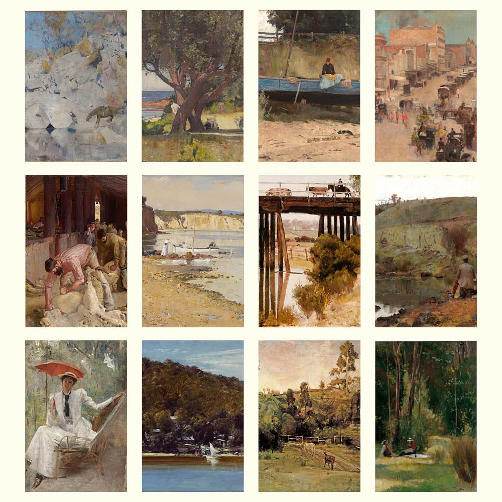 Grid of various landscape and portrait paintings.