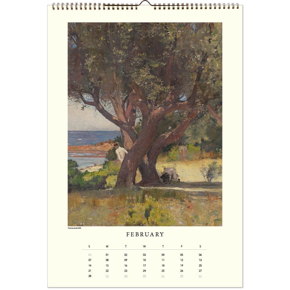 Calendar page for February with a painting of a tree and landscape.