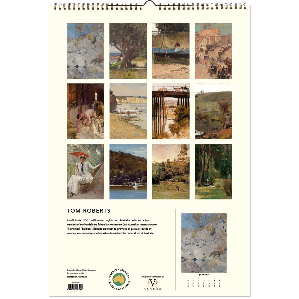Calendar with illustrations of Tom Roberts' artworks on a white background