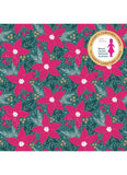 A repeating Christmas pattern featuring bright pink poinsettias, green pine branches, and small gold berries on a dark teal background, with a circular gold-and-white Breast Cancer Network Australia logo in the top right.