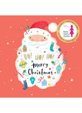 Christmas-themed card set cover featuring a white silhouette of Santa Claus on a coral pink background, with the words 'Merry Christmas' and holiday illustrations including stockings, candy canes, ornaments, and gifts. A circular badge in the top right reads '10 Charity Christmas Cards' and includes the Breast Cancer Network Australia logo.