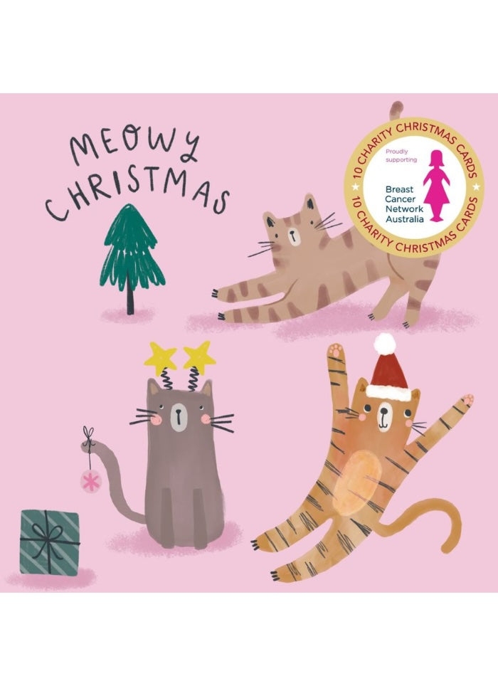 A pink illustrated card or print featuring three cartoon cats with Christmas-themed poses and accessories, plus the text 'MEOWY CHRISTMAS' and a circular Breast Cancer Network Australia badge.