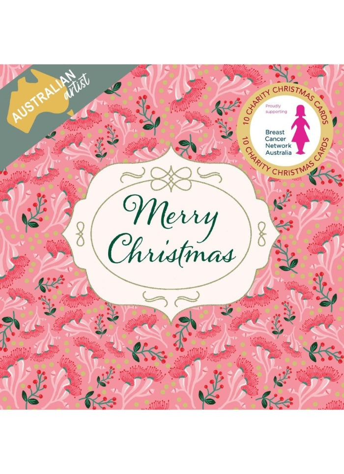 A boxed card set with a pink floral patterned cover, a central cream label reading 'Merry Christmas,' a gold circular badge for Breast Cancer Network Australia, and an Australian Best list banner in the top left.