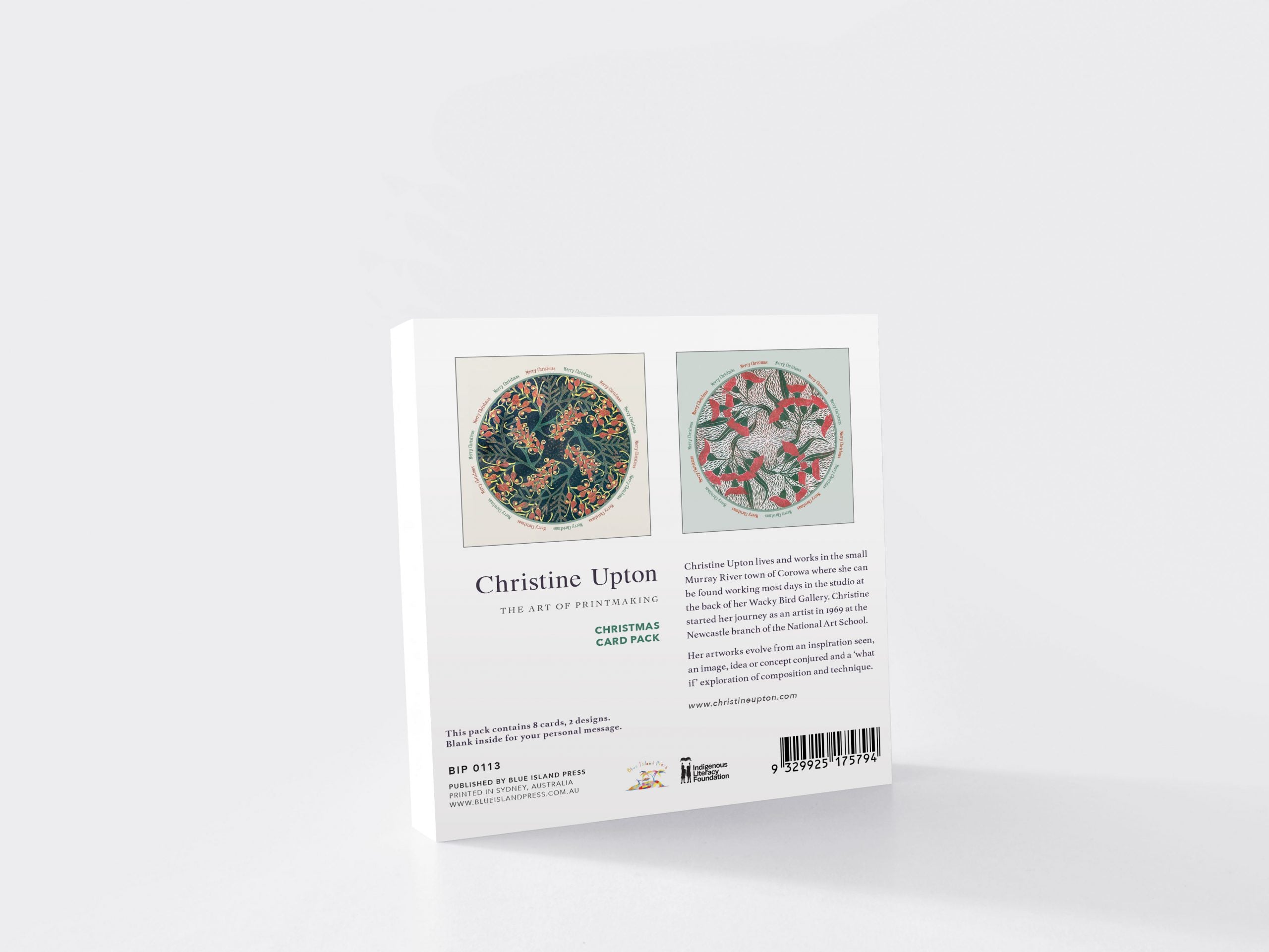 Christine Upton 'The Art of Christmas Cards' card pack box, shown from the back against a clean white background.
