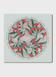 A square art print featuring a circular Christmas design with red mistletoe branches, green leaves, and white line-art patterns on a pale mint background, surrounded by the text 'Merry Christmas' repeated around the edge.
