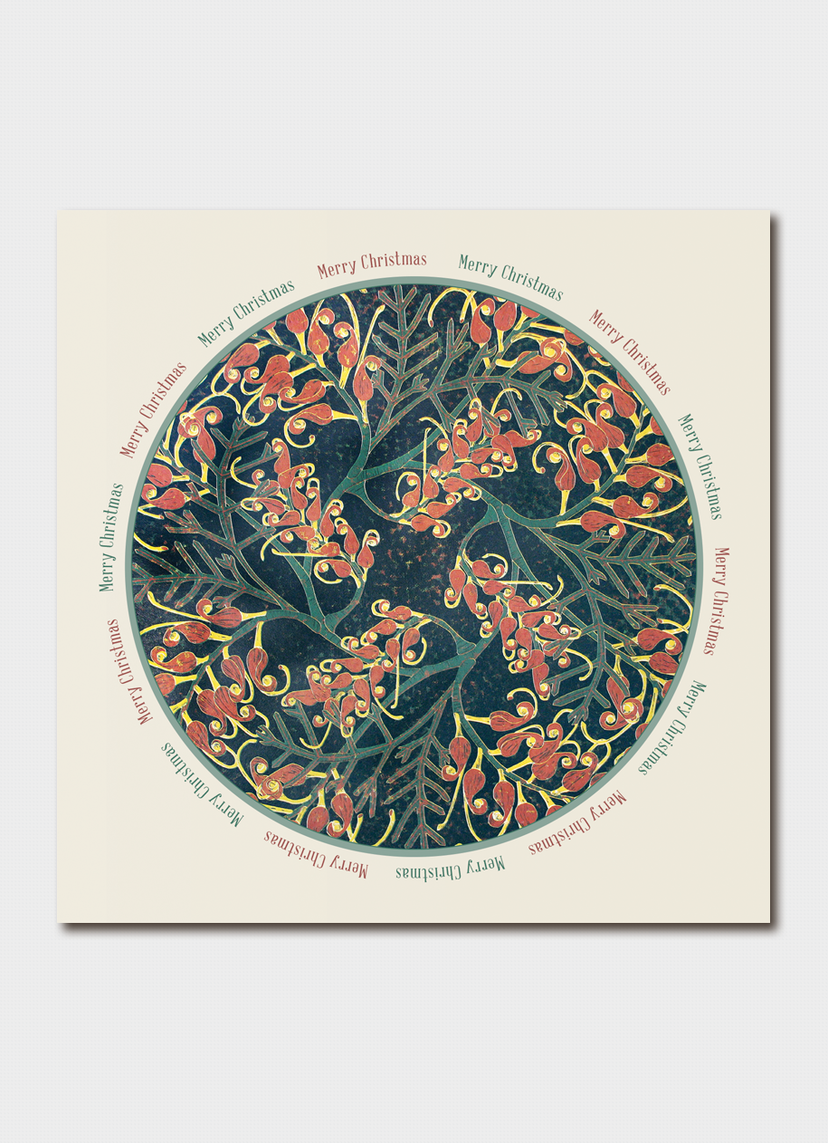 A square Christmas art print featuring a circular botanical design with red berries, green leaves, and a dark blue background, surrounded by a cream border with repeated 'Merry Christmas' text, shown against a light gray backdrop.