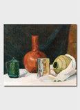 A still life with a brown vase, green jug and 2 other pieces on a white cloth.