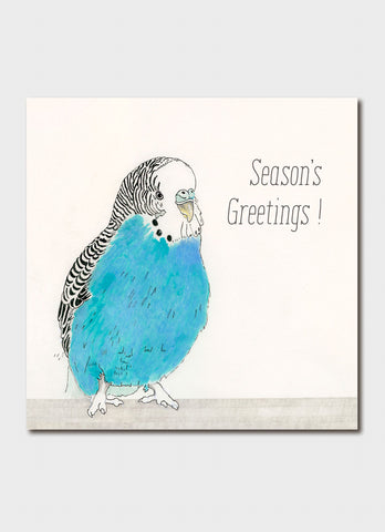 Card with a blue and black bird illustration and 'Season's Greetings!' text on a white background