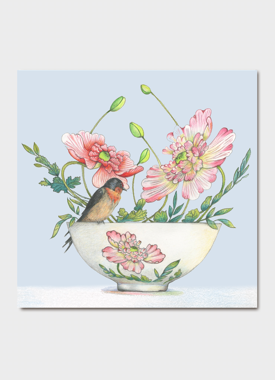 Michaela Laurie art card - Poppy Bowl with Welcome Swallow