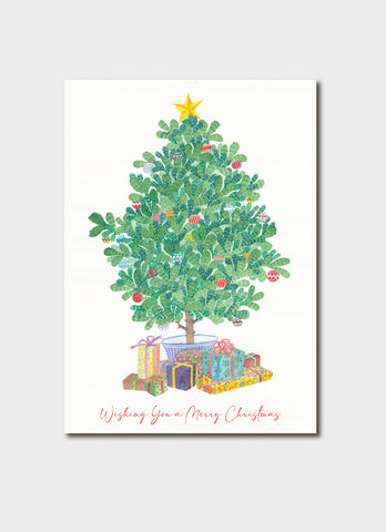 Christmas card with a decorated Christmas tree and presents on a white background