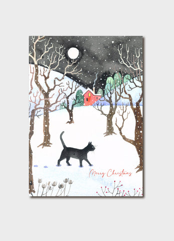 Winter scene with a cat, trees, and a house on a snowy night, featuring 'Merry Christmas' text.