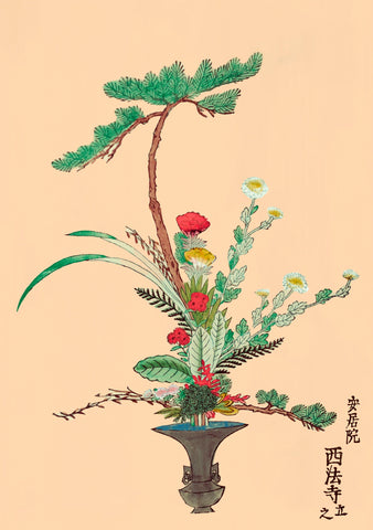 Traditional Japanese floral arrangement with a vase on a beige background
