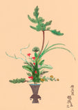 Traditional Japanese floral arrangement with a vase on a beige background
