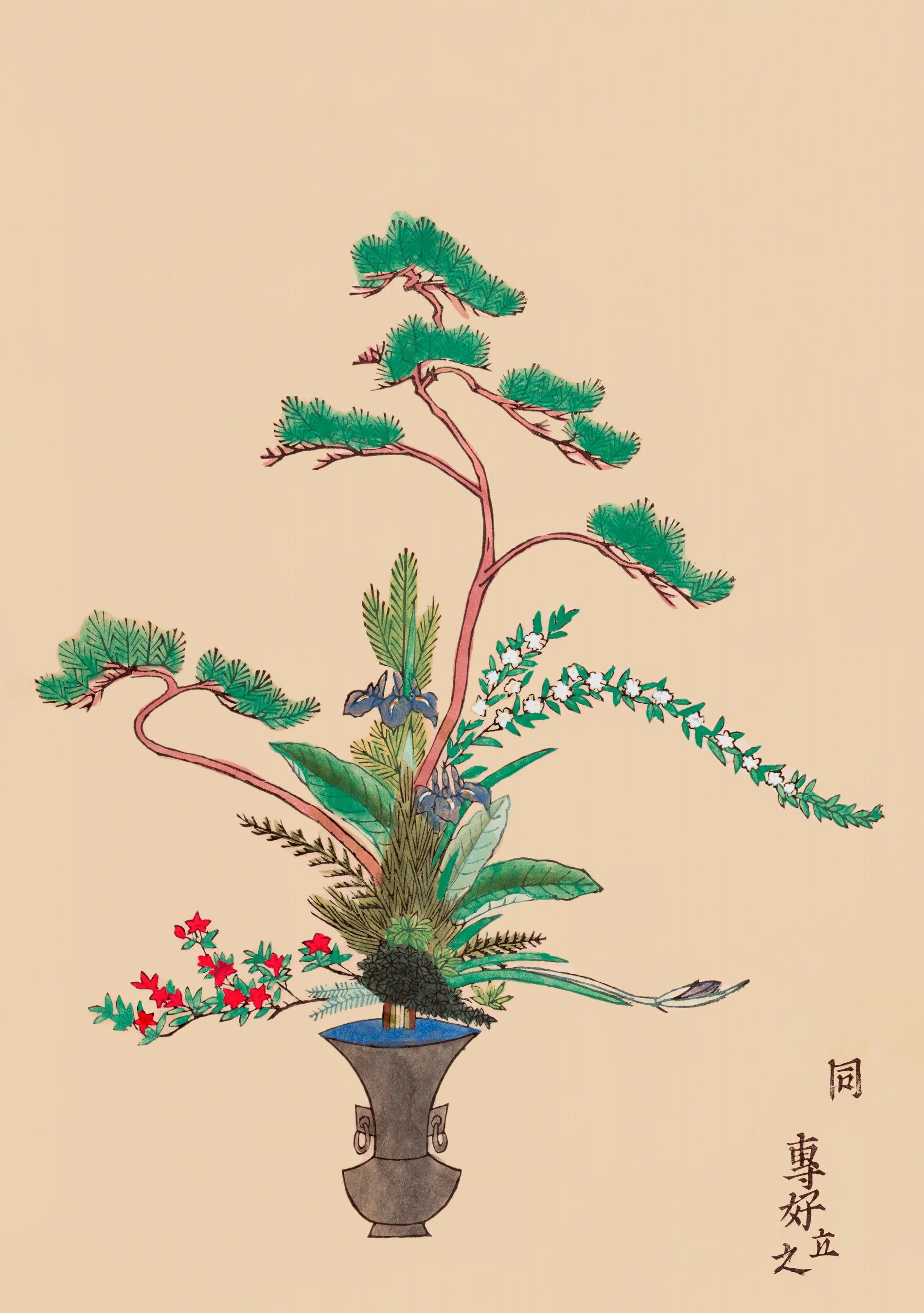 Traditional Japanese floral arrangement with a vase on a beige background
