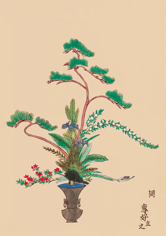 Traditional Japanese floral arrangement with a vase on a beige background