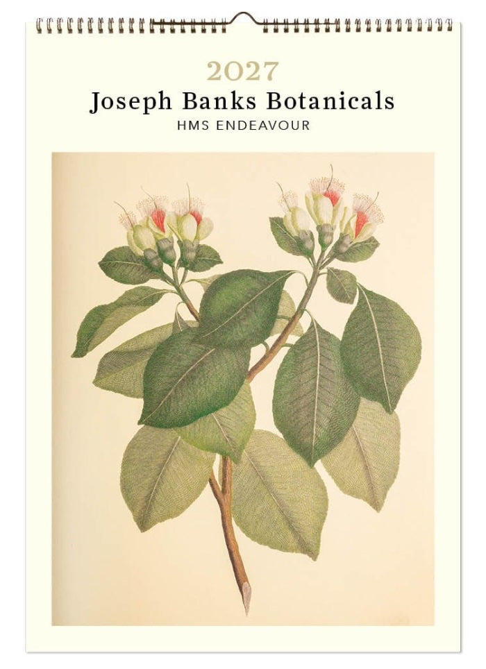 Calendar cover with botanical illustration and '2027 Joseph Banks Botanicals HMS Endeavour' text.