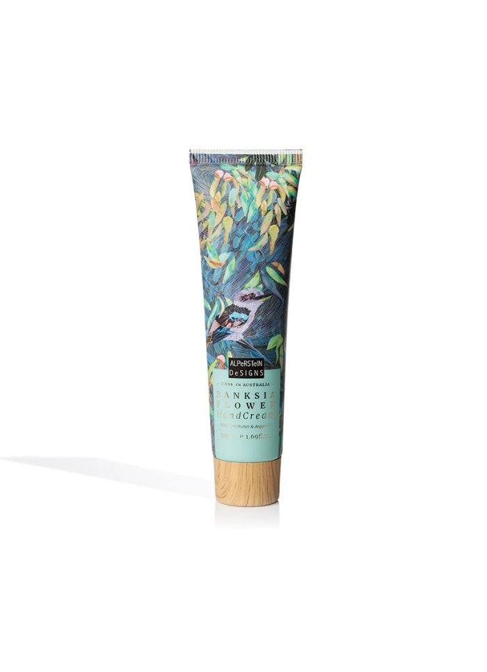 Tube of handcream with a colorful label on a white background