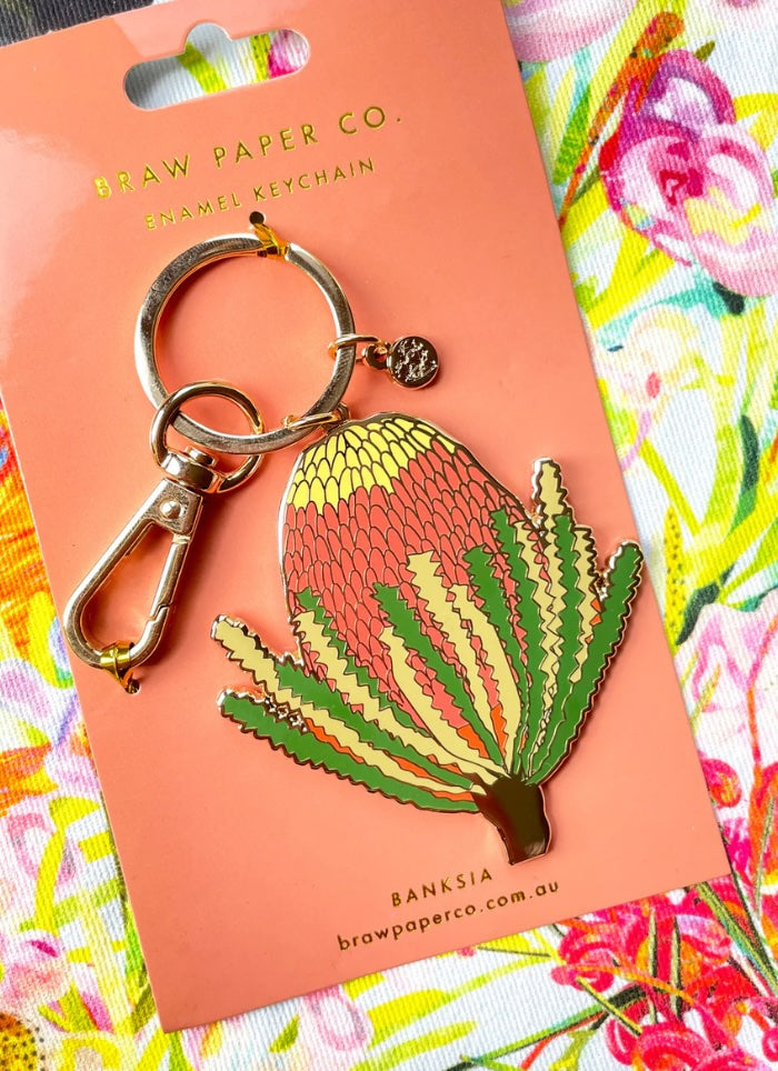 Keychain with cactus design on a colorful floral background