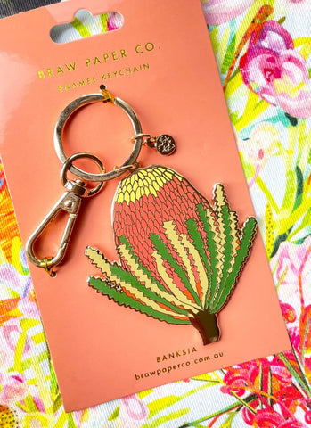 Keychain with cactus design on a colorful floral background