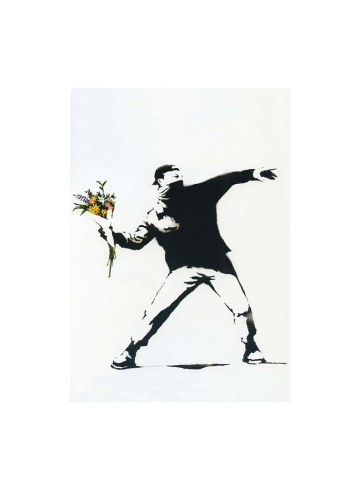 Art Card - Flower Thrower. A Banksy-style stencil art print featuring a masked figure in a dynamic pose throwing flowers, rendered in black and white with a small yellow and orange floral accent, on a white background.