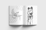 Open book with black and white illustrations of a dove and two people embracing against a brick wall.